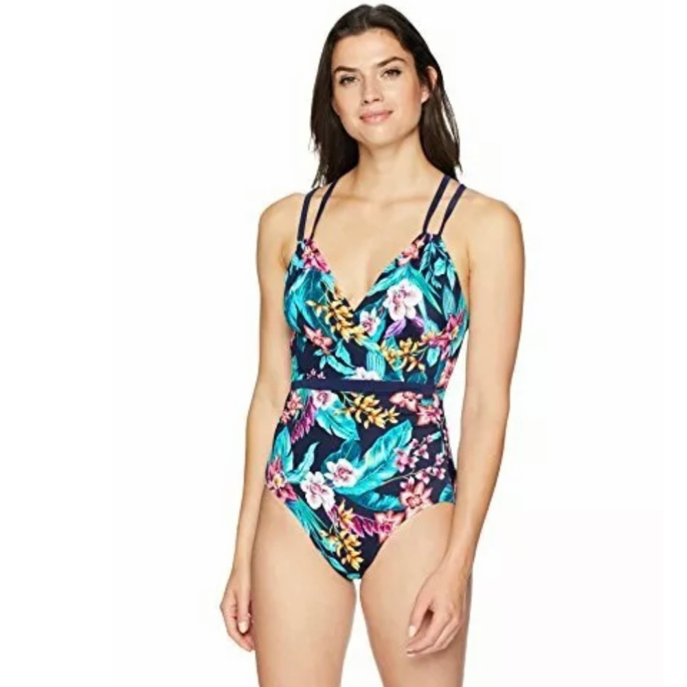 Coastal blue floral double strap one piece June sale